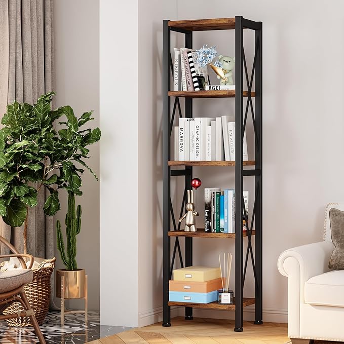5-Tier Narrow Bookshelf, Ladder Bookshelf, Tall Bookshelf for Bedroom with Open Shelves, Office Bookshelf, Industrial Standing Bookshelf for Bedroom, Living Room and Home Office