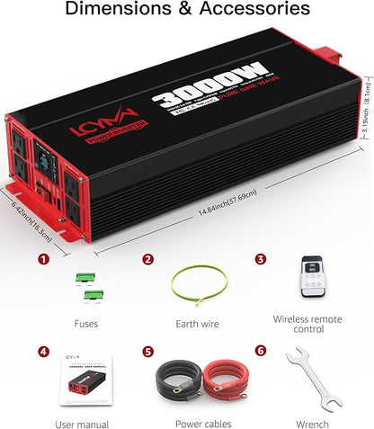 3000 Watts Power Inverter Pure Sine Wave DC 12V to 110V/120V AC 6000W Peak Inverters with 4 AC Outlets Type-C PD30W QC3.0 USB Fast Charging Port Remote Control and LCD Display Solar Off-Grid Converter