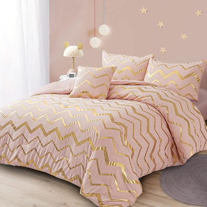 Pink Comforter Set Queen Size, Metallic Blush and Rose Gold Bedding Set, 4 Piece Lightweight Microfiber Bed Set for Teen Girls Women (2 Pillow Shams + 1 Decorative Pillow Sham)