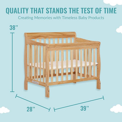 Aden 4-in-1 Convertible Mini Crib in Natural, Greenguard Gold Certified & Sunset 3” Extra Firm Fiber Crib Mattress, Greenguard Gold Certified, Waterproof Vinyl Cover