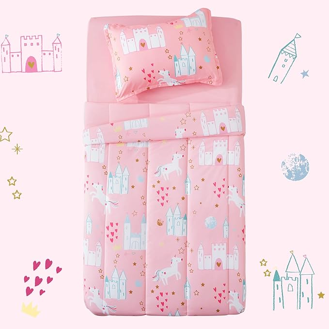 SLEEP ZONE Kids Bedding Twin Comforter Set - Super Soft & Cute Printed 2-Piece Comforter Set All Seasons for Boys, Girls, Fade Resistant, Machine Washable, Unicorn Castle