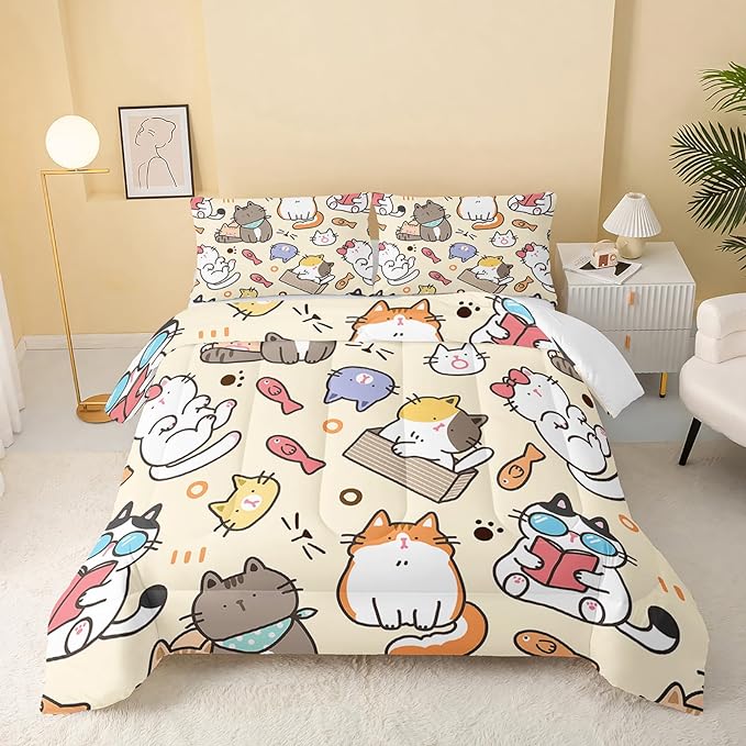 Kawaii Cat Comforter King,Kawaii Animals Comforter Set for Kids Teens Girls,3Pcs Bedding Set Printed Comforter with 2 Pillowcases,Down Alternative,Soft and Lightweight，King Size