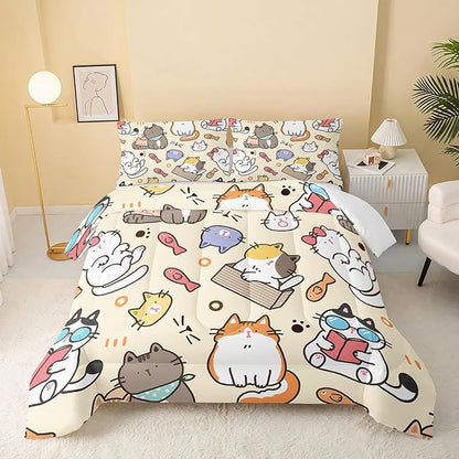 Kawaii Cat Comforter Twin,Kawaii Animals Comforter Set for Kids Teens Girls,3Pcs Bedding Set Printed Comforter with 2 Pillowcases,Down Alternative,Soft and Lightweight，Twin Size