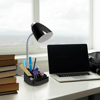 Simple Designs LD1067-BLK Compartmental Desk Lamp with iPhone/iPad/Tablet Stand, Bendable Gooseneck, for Office, Living Room, Nightstand, Library, Entryway, Black