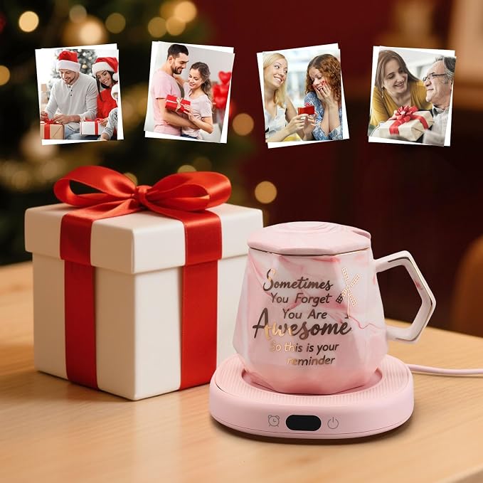 Coffee Mug Warmer Set Smart Electric Heated Cup Beverage Tea Candle Plate | You are Awesome Pink Mug Electric Warmer Set for Office Desk, 4 Temperature Control 8 Hrs Auto Shut Off, Ideal Gift for Women