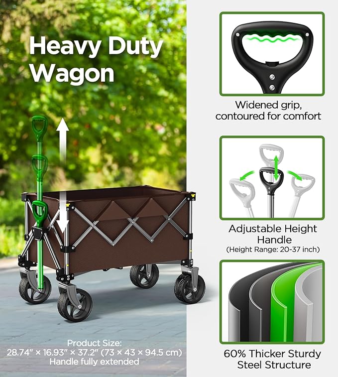 Beach Wagon,CollapsibleWagon 220lbs with Big Wheels Foldable Wagon Carts,Portable Utility for Garden Grocery Sports Camping All Terrain-Khaki