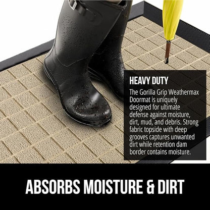 GORILLA GRIP 100% Waterproof All-Season WeatherMax Doormat US Designed Natural Rubber, Stain and Fade Resistant, Low Profile Indoor Outdoor Door Mats, Easy Clean Patio Mat, 23x35, Taupe Grid