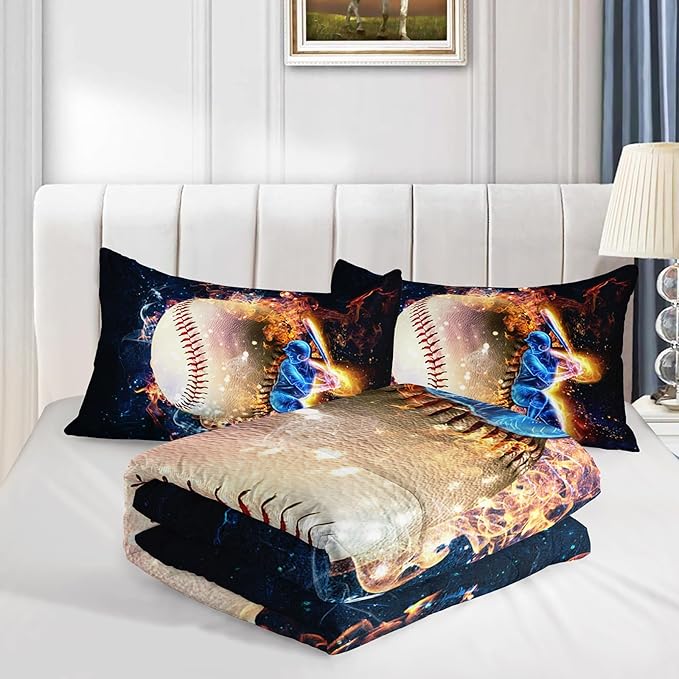 Axolotl 3D Baseball Comforter Set Twin,Sports Bedding,Red Blue Water Fire Comforter Set,Sports Baseball Loveer Bedding Set,Sport Game Comforter for Kids Boys Teens Adults,1 Quilt 2 Pillowcases