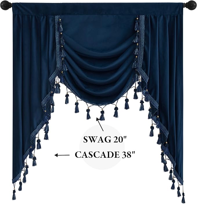 Navy Blue Velvet Waterfall Valances W39 inches, 1 Panel | Classic Valance Curtains for Bay Window, Kitchen, Victorian Match Curtains for Backdrops, Rod Pocket