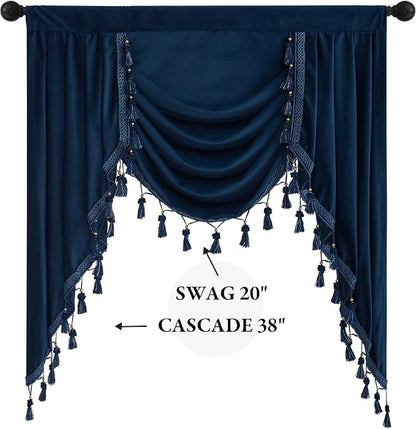 Navy Blue Velvet Waterfall Valances W39 inches, 1 Panel | Classic Valance Curtains for Bay Window, Kitchen, Victorian Match Curtains for Backdrops, Rod Pocket