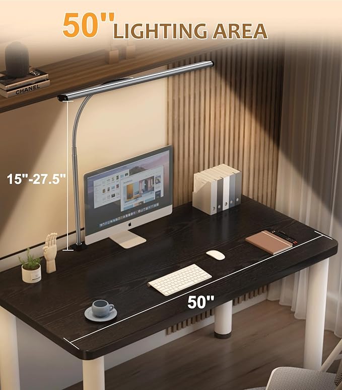 LED Desk Lamp for Home Office, Eye-Caring Computer Desk Light Bar with Adjustable Gooseneck, 12W Desk Lamp with Clamp, Remote Control, 30 Lighting Modes, Ideal for Reading, Studying