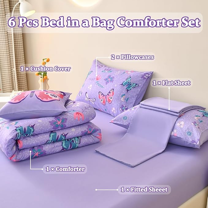 Butterfly Bedding Set Full, Purple Butterfly Comforter Set for Girls Kids Teens 6 pcs Bed in a Bag Full Bedding Sets for Girls