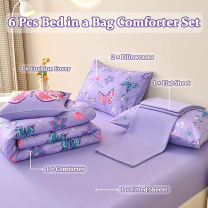 Butterfly Bedding Set Twin, Purple Butterfly Comforter Set for Girls Kids Teens 6 pcs Bed in a Bag Twin Bedding Sets for Girls