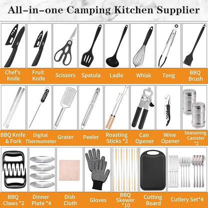 Wesqunie Camping Cooking Utensils Set, Cookware Set for Outdoor Hiking BBQ | Stainless Steel & Silicone Mess Kit, Durable Outdoor Kitchen Gear for Hiking, RV, Picnic Grill & Travel Camping Meal Prep