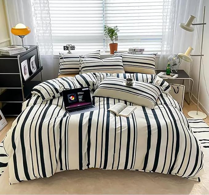 Striped Comforter Queen Black White Comforter 3 Pieces Soft Stripes Comforter Set 1 Striped Queen Comforter (90x90 inches) with 2 Pillowcases (20x26 inches)