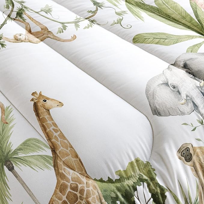 Elephant Giraffe Monkeys Comforter Twin Size,Wild Animals Kids Comforter Set,3Pcs Bedding Set Printed Comforter with 2 Pillowcases,Down Alternative,Soft and Lightweight,for All Seasons