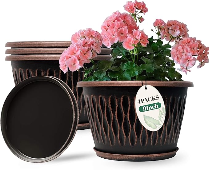 4 Pack 9 Inch Retro Plant Pots, Vintage Striped Flower Pots with Drainage Hole & Saucer, Large Plastic Planters for Indoor and Outdoor Plants, Decorative Garden Pots(Copper)