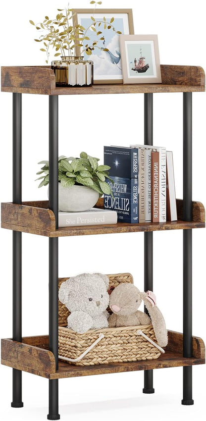 Bookshelf Small Book Shelf: 3-Tier Wood Bookcase Industrial Bookshelf Metal Standing Book Shelves Display Book Rack for Living Room Bedroom Home Office (Rustic Brown)