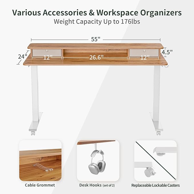 FEZIBO 55 x 24 Inch Height Adjustable Electric Standing Desk with Double Drawer, Stand Up Desk with Storage Shelf, Sit Stand Desk, Light Rustic