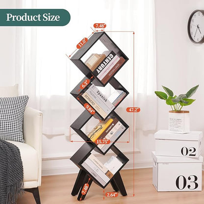 Yoobure Black Bookshelf - Small Book Shelf, 4-Tier Tall Bookcases Book Organizer, Industrial Bookshelves Floor Standing for CDs/Books in Small Spaces, Bedroom, Living Room, Home Office