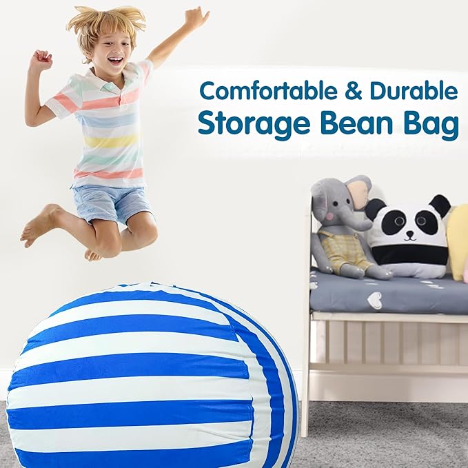 Lukeight Stuffed Animal Storage Bean Bag Chair Cover for Kids, Zipper Beanbag Chair Cover for Organizing Toddler & Kids' Rooms Plush Toys (Blue+White Velvet, Large)