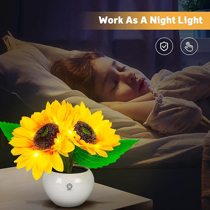 Rechargeable Sunflower Table Lamp - LED Artificial Flowers Desktop Lamp Night Light with Porcelain Vase, Cordless Touch Lamp for Bedroom Living Room Desk Decor, Birthday Gift for Her Girl Mom