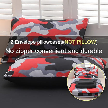 Meeting Story Camouflage Bedding Set, Colorful Pattern Style Comforter Set, 5 PCS One Comforter Two Pillowcases Two Sheets in One Bag, All Season Bedspread for Teens Adults (Red-Black, Full 5Pcs)