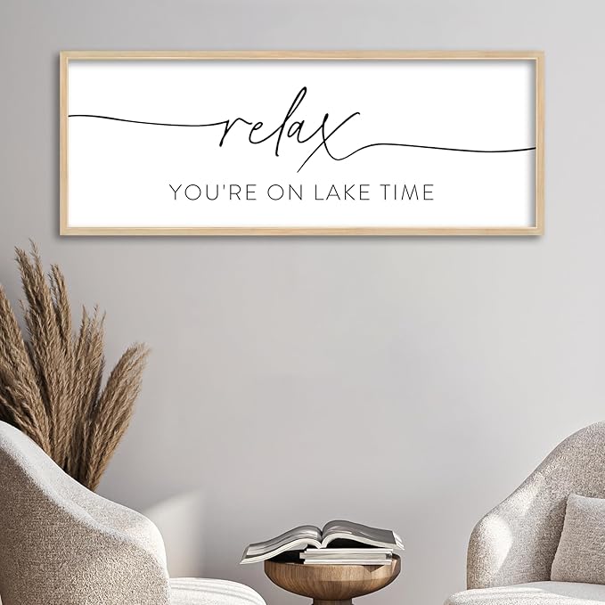 SRSZHIYUE Relax You're On Lake Time Wall Decor Above Bed Sign 32"×12" for Lake House Bedroom Over Bed Large Wood Framed Hanging Art (Wood)