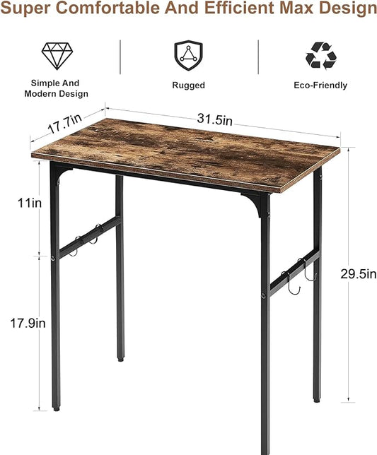 VECELO 32 Inch Small Computer Stable Writing Study Work 4 Hooks Adjustable Feet Wooden Desk for Home,Bedroom,Rusic Brown, 32Inches