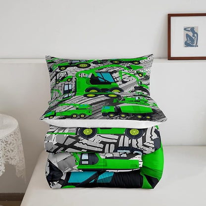 Excavator Down Comforter, Kids Boys Cartoon Car Comforter Set Twin, Children Tractor Truck Duvet Sets Girls Construction Vehicle Bulldozer Bedding Set 2 Pieces with 1 Pillow Case, Green Gray