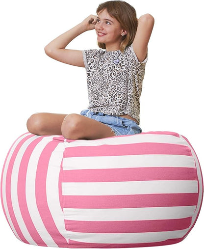 Aubliss Stuffed Animal Bean Bag Storage Chair, Beanbag Covers Only for Organizing Plush Toys, Turns into Bean Bag Seat for Kids When Filled, Large 38"-Canvas Stripes Pink/White