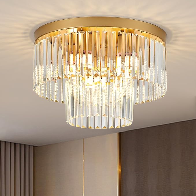 17" 9 Light Gold Crystal Ceiling Light for Dining Room | K9 Crystal, 2 Tier, E12 Base, Adjustable Color Temperature, Flush Mount, for Kitchen Island Living Room Bedroom Entryway