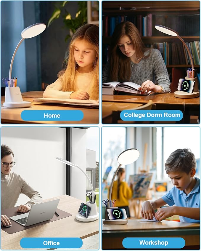 hansang LED Desk Lamp with Wireless Charger for Home Office, Stepless Dimmable, 3 Color Modes, Touch Control White Study Lamp for College Dorm Room, Pen Holder, CRI 90, 800 Lumen, Adapter Included