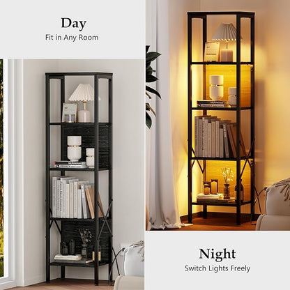 Furologee 5 Tier Book Shelf with LED Light, Tall Display Bookcase with Back, Narrow Industrial Standing Shelving Units, Metal and Wooden Storage Rack for Bedroom, Living Room, Office, Black Oak