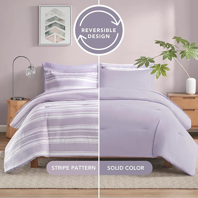 Codi Full Comforter Set 7 Piece, Lavender Purple Striped Bed in a Bag Reversible for All Seasons, Cationic Dyeing Bedding Sets with Comforter, Sheets, Pillowcases & Shams