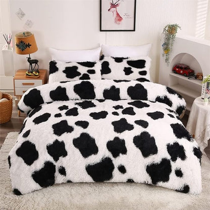 Faux Fur Kids Girls Cow Print Comforter Sets King - 3PC Bed Set Warm Comfortable Soft Plush Flannel Velvet Fluffy Fuzzy Bedding（Comforter x 1 Pillowcases x 2）