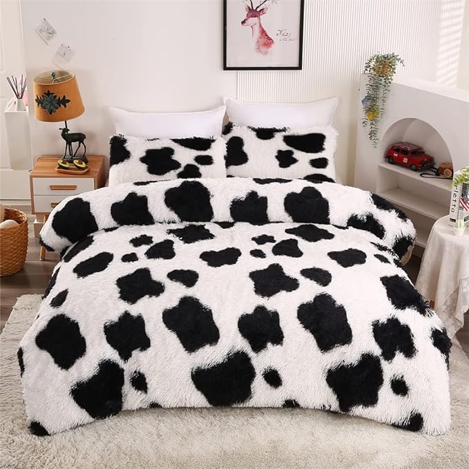 Faux Fur Kids Girls Cow Print Comforter Sets Queen - 3PC Bed Set Warm Comfortable Soft Plush Flannel Velvet Fluffy Fuzzy Bedding（Comforter x 1 Pillowcases x 2）