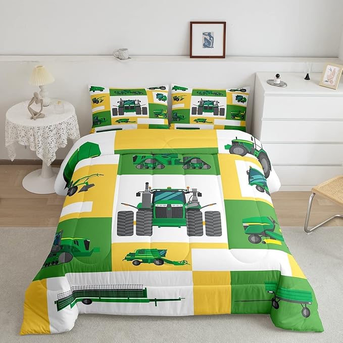 Kids Tractor Bedding Set Twin Boys Green Yellow Truck Comforter Set Excavator Construction Down Comforter Children Cartoon Vehicle Car Duvet Insert Farm Equitment Trucks Bedding Comforter Sets,2Pcs