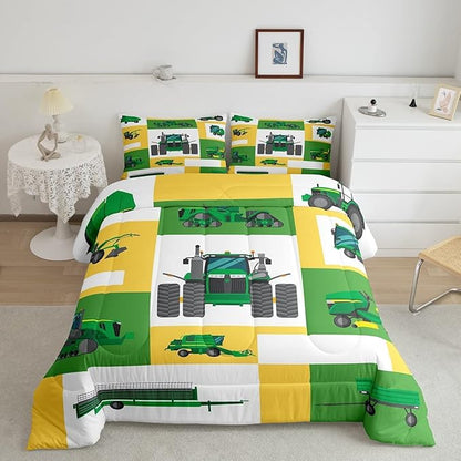 Kids Tractor Bedding Set Twin Boys Green Yellow Truck Comforter Set Excavator Construction Down Comforter Children Cartoon Vehicle Car Duvet Insert Farm Equitment Trucks Bedding Comforter Sets,2Pcs