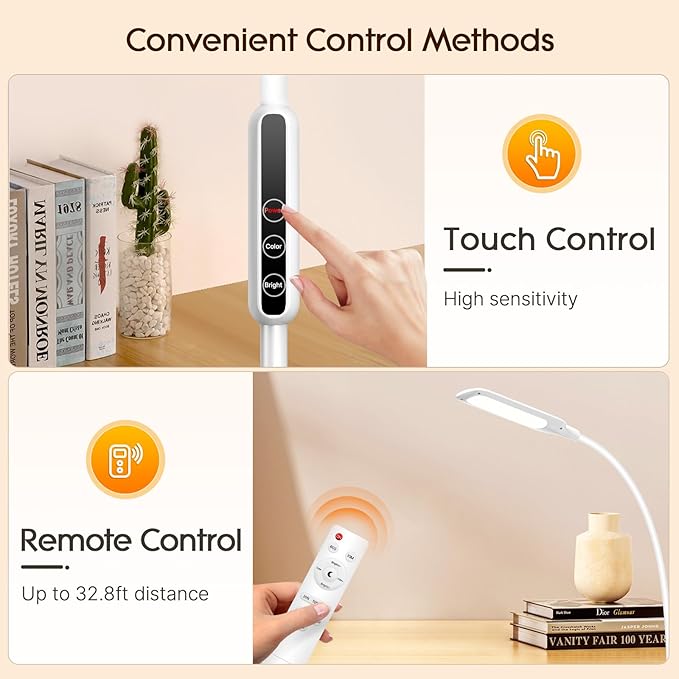 LED Desk Lamp with Clamp, Workbench Light, 10W Eye-Caring Desk Lights, 5 Brightness Levels with Remote Control, Flexible Gooseneck Task Lamp for Office Work Drawing Study Lamp (White)