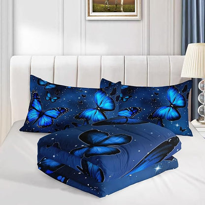 Datura home Blue Butterfly Comforter Set for Girls Women,Bright Blue Butterflies in Blue Sky with Stars Printed Bedding Set with 2 Pillowcases(Butterfly Blue Queen)