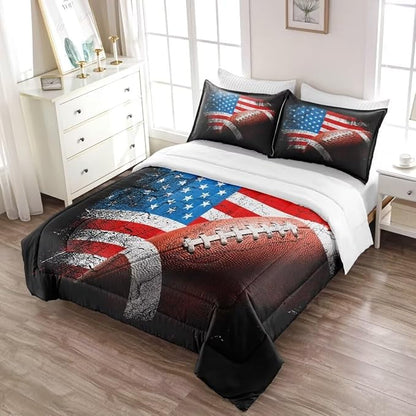 American Football Comforter Set for Boys Teens,Kids Sports Bedding Set Twin Size,USA Flag Football Printed Bedroom Sets with 2 Matching Pillow Shams