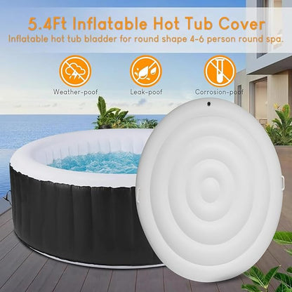 5.4Ft Inflatable Hot Tub Cover, Outdoor Portable Round Cover with Handle,Rainproof Dustproof Insulated Energy Saving Lid for Spa Hot Tubs, Foldable Spa