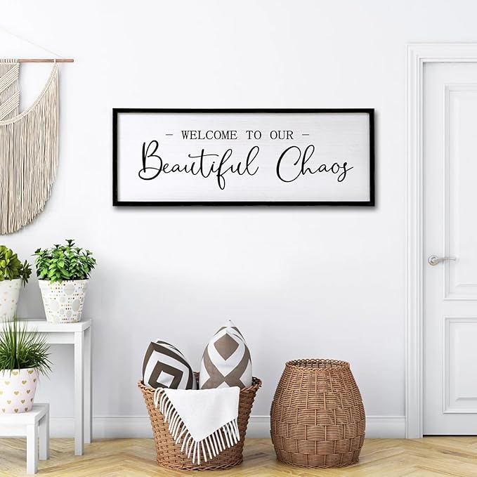 Welcome To Our Beautiful Chaos Sign Wall Decor Framed Wood 32X12 Inch For Rustic Home Living Room Entryway Bedroom Hanging Art (Wood)