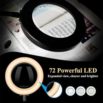 Desk Lamp with Magnifier and 3 Color Modes, 8X Magnification Table Lamp with Flexible Gooseneck and 3 Brightness Levels for Reading, Studying and Crafting