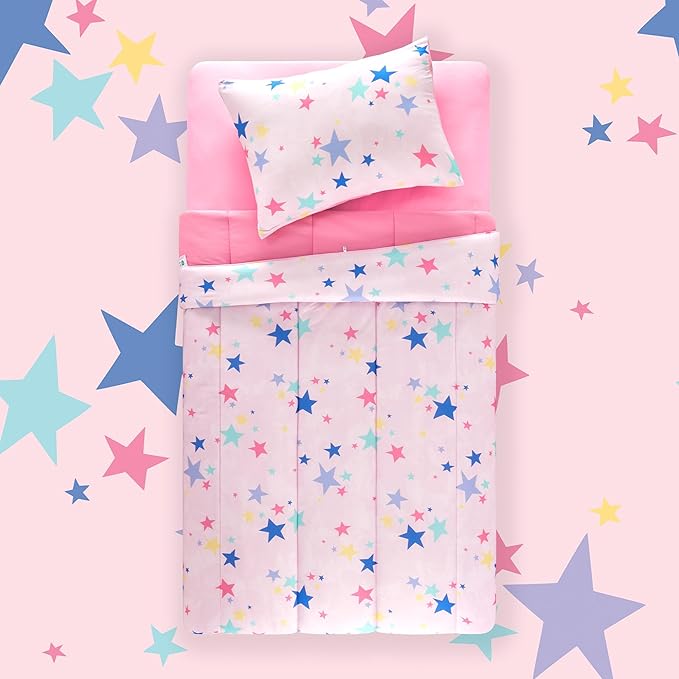 SLEEP ZONE Kids Comforter Set, Jersey Knit 3 Pieces Bedding Set for Girls, Soft, Breathable, Washable, Easy Care (Colorful Stars, Full/Queen)