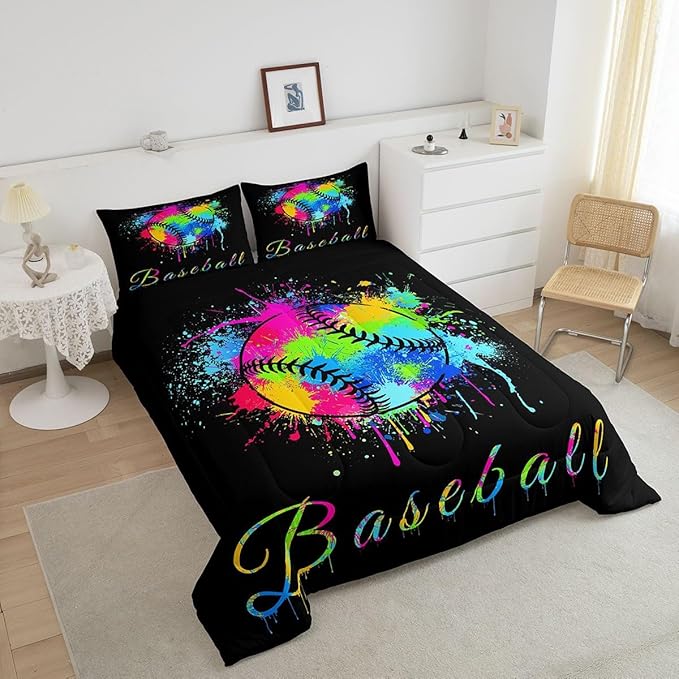 Feelyou Kids Baseball Comforter Set King Size Sports Game Bedding Set for Boys Girls Teens Bedroom Decor Baseball Gaming Comforter Women Men Tie Dye Duvet Set with 2 Pillow Case
