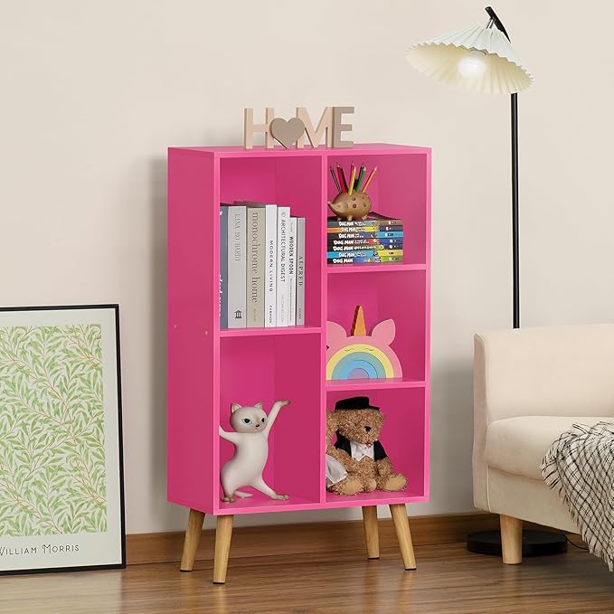 LEYAOYAO 5 Cube Bookshelf, 3-Tier Bookcase with Legs, Pink Kids Book Shelf Cute Storage Organizer, Free standing Open Toy Shelves Modern Bookshelves,Wood Display Bookcases for Bedroom,Living Room