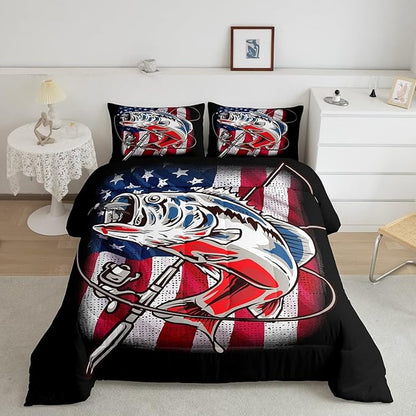 American Flag Comforter Set Farmhouse Fishing Bedding Set for Kids Boys Girls Teens Room Wild Fish Decor Comforter Red Blue Stripe Quilted Set 3Pcs Full Size