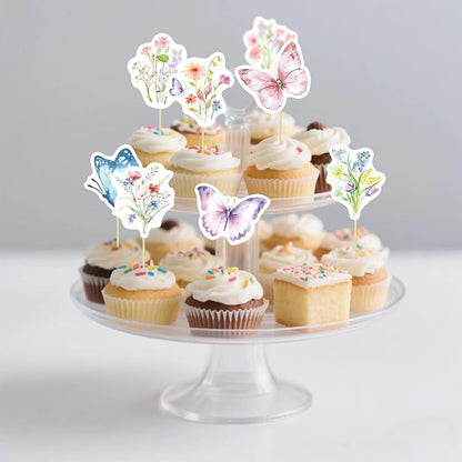 40 Pcs Wildflower & Butterflies Cupcake Toppers - 8 Styles, 5 Pcs Each - Non-Edible Cake Toppers for Wedding, Birthday, Party Decorations